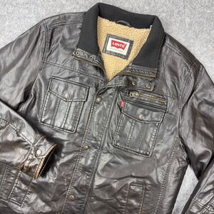 Levi's Jacket Mens Large Brown Faux Leather Sherpa Lined Full Zip Trucker Winter